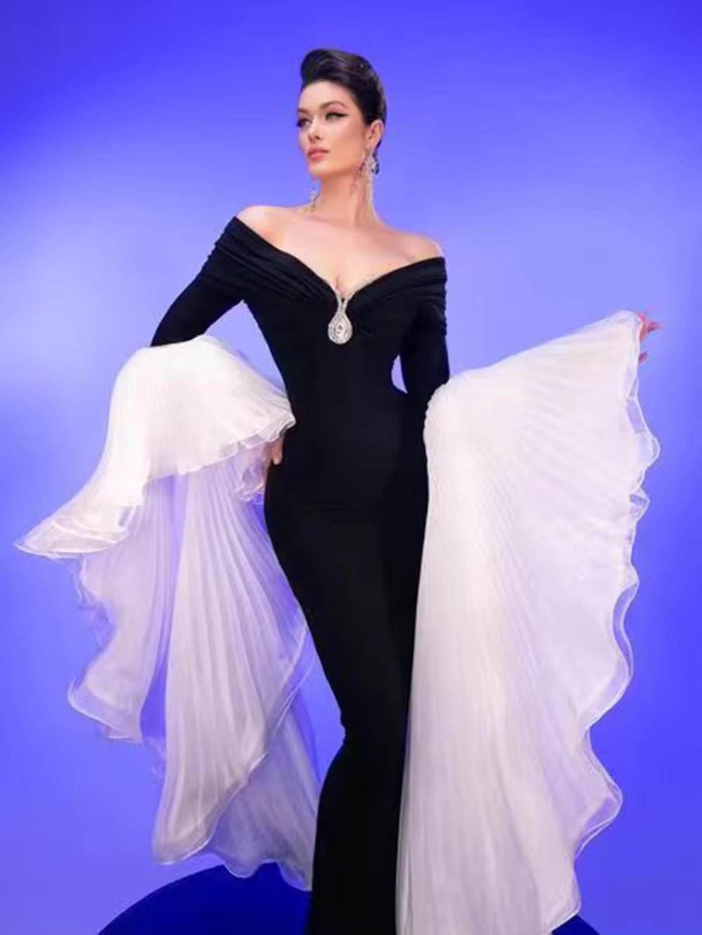 Pleated Floor Long Sleeved Off The Shoulder Diamond Tight Bandages Maxi Dress - REBECATHELABEL