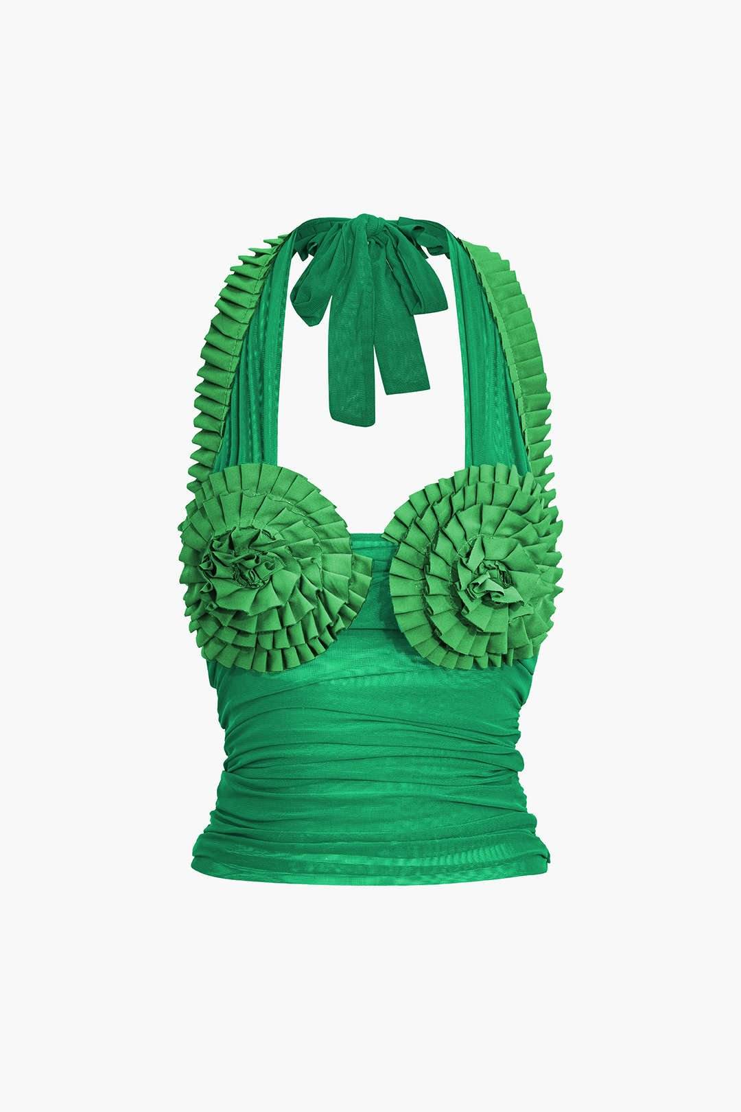 Pleated Mesh Halter Tank Top - REBECATHELABEL