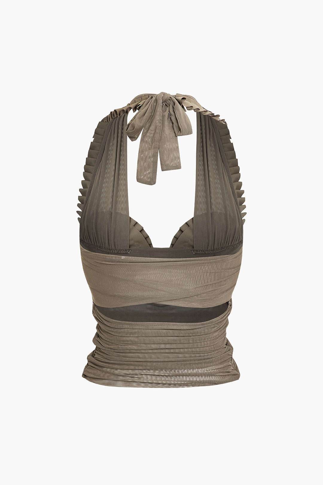 Pleated Mesh Halter Tank Top - REBECATHELABEL