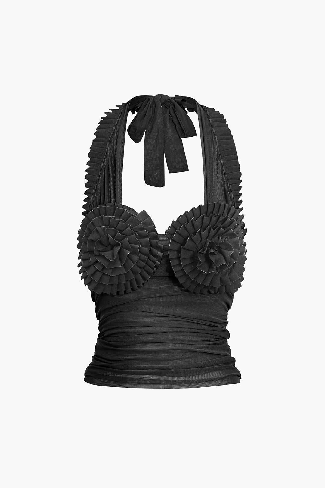 Pleated Mesh Halter Tank Top - REBECATHELABEL