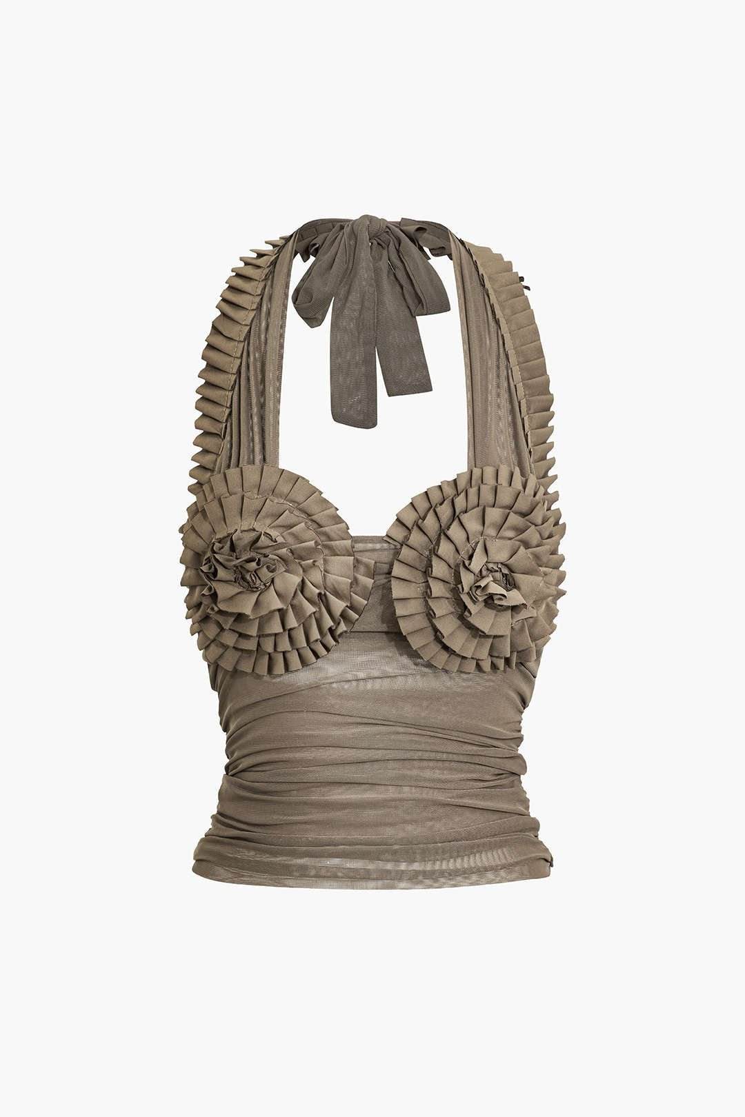 Pleated Mesh Halter Tank Top - REBECATHELABEL