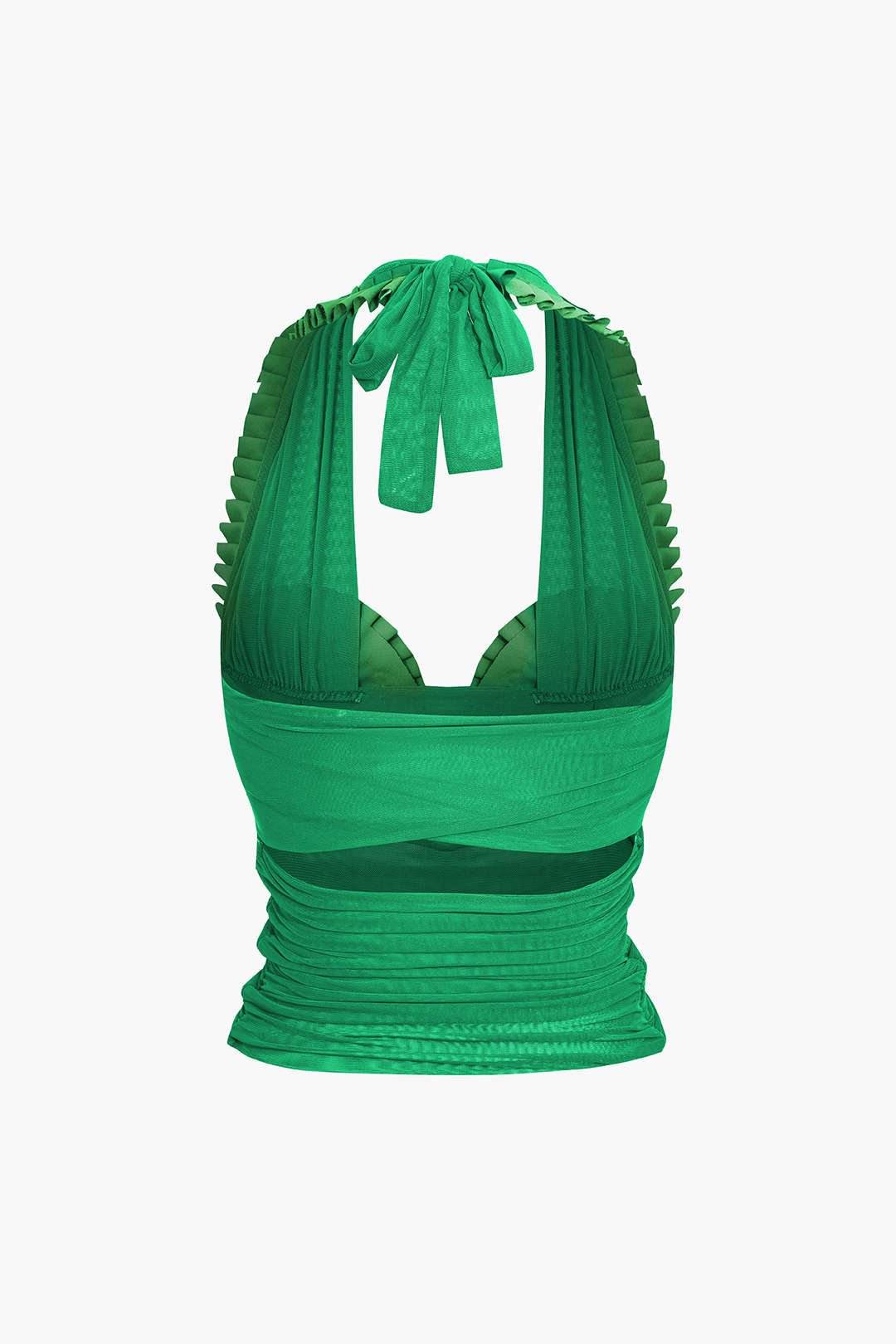 Pleated Mesh Halter Tank Top - REBECATHELABEL