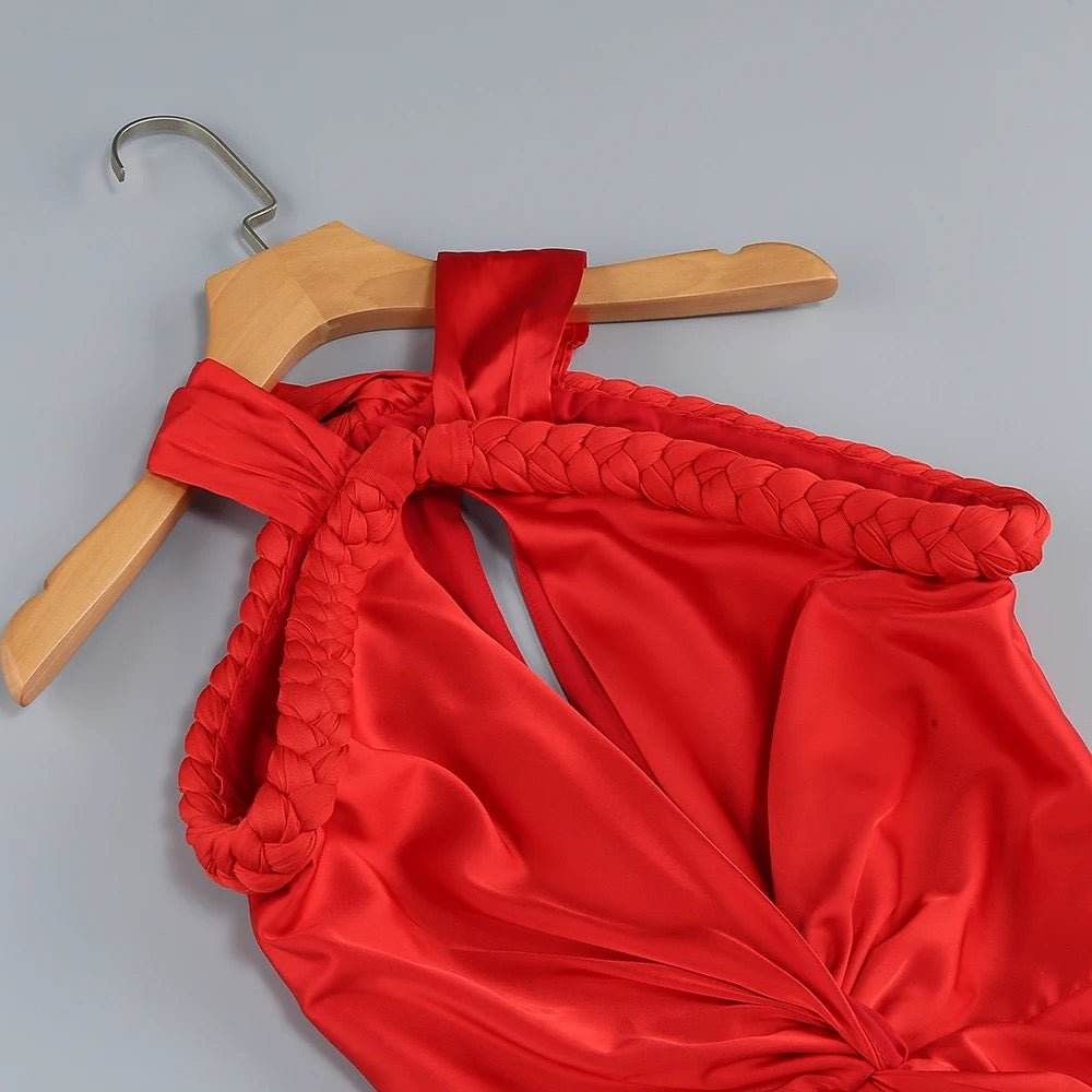 Red Braid Hanging Hollow Slim Fit Long Dress - REBECATHELABEL