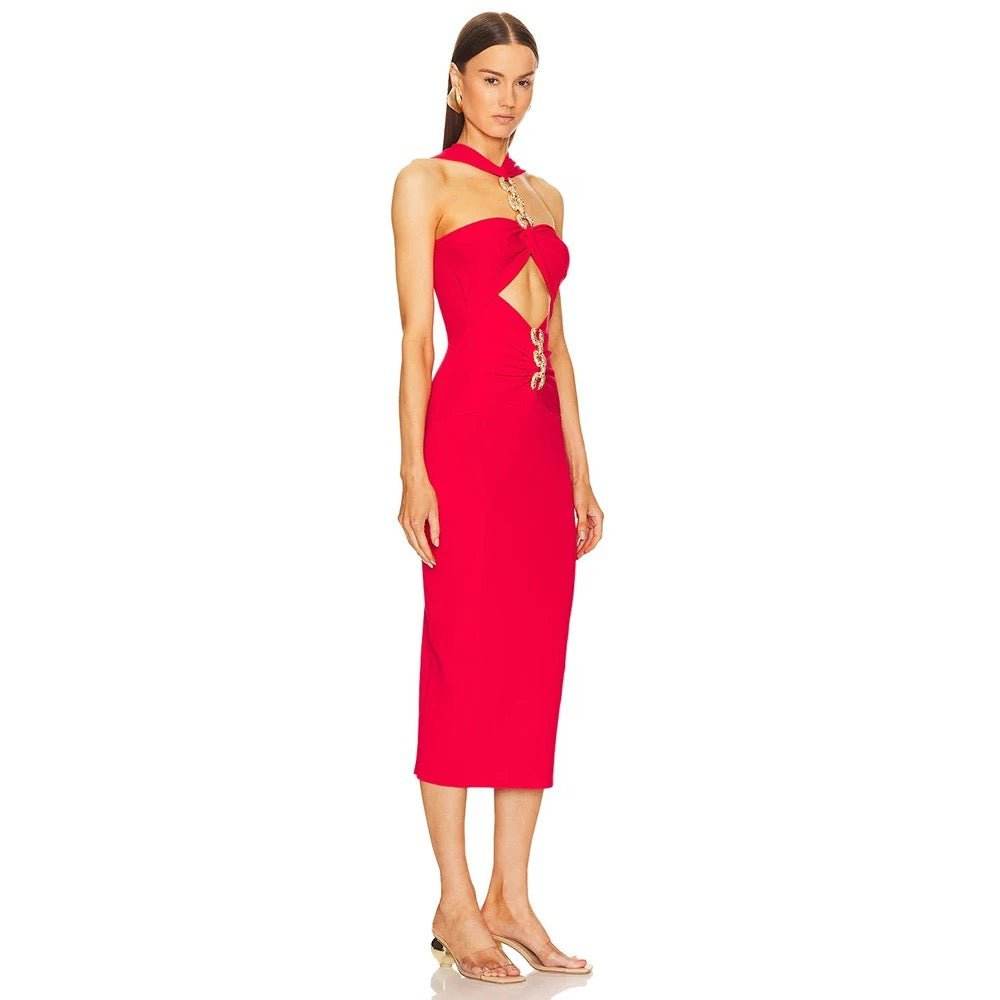 Red Diamond Metal Sexy Hollow Strapless Tight Bandage Dress - REBECATHELABEL