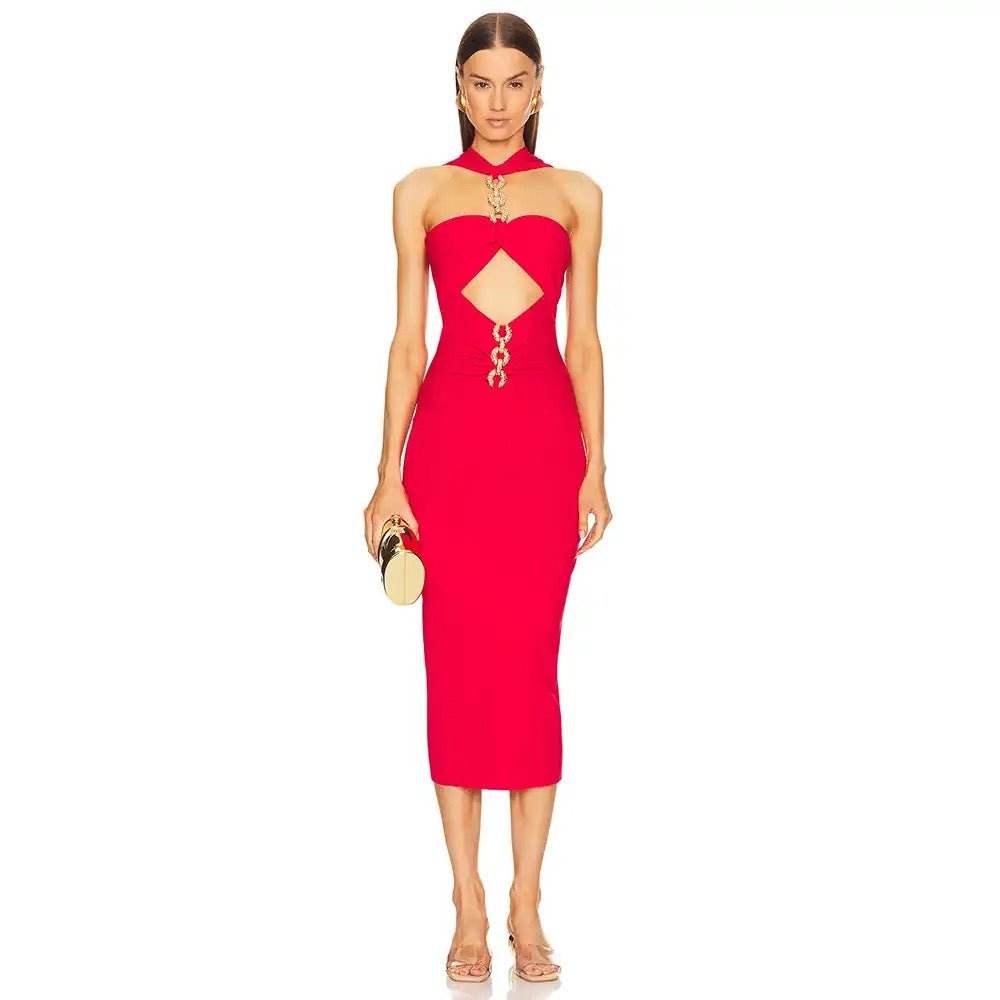 Red Diamond Metal Sexy Hollow Strapless Tight Bandage Dress - REBECATHELABEL