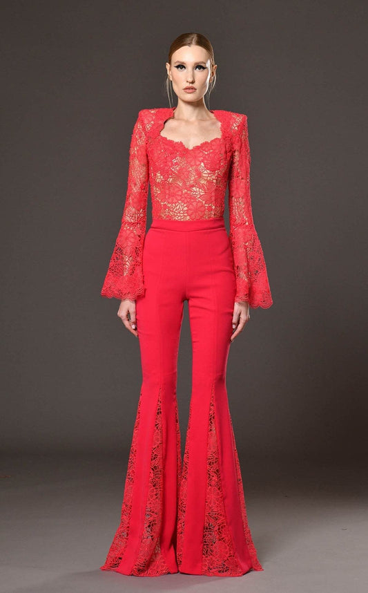 Red lace flared pants Full Length Jumpsuit - REBECATHELABEL