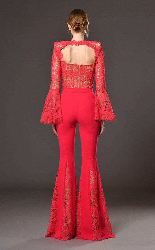 Red lace flared pants Full Length Jumpsuit - REBECATHELABEL