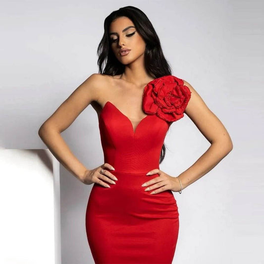 Red Shoulder Beaded Flower Sexy V-neck Tight Maxi Dress - REBECATHELABEL