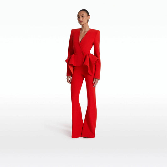 Red V-Neck Irregular High Waisted Blazer Suit - REBECATHELABEL