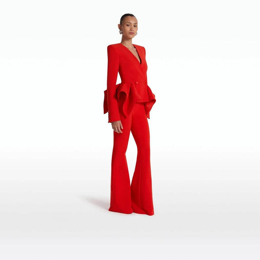 Red V-Neck Irregular High Waisted Blazer Suit - REBECATHELABEL