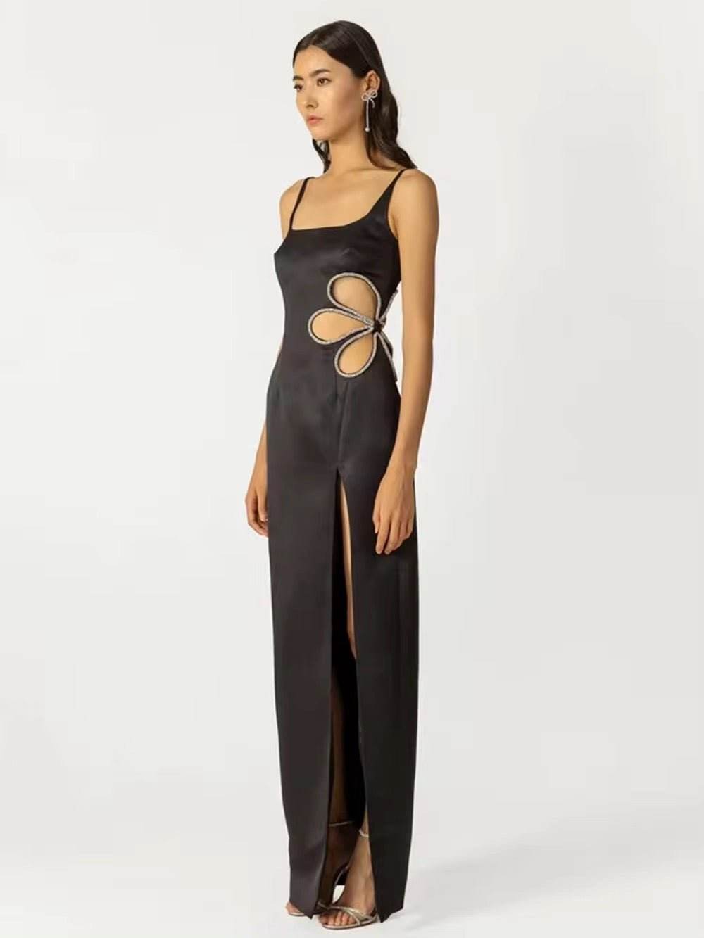 Rhinestone Cut Out Diamonds Black Long Maxi Bandage Dress - REBECATHELABEL