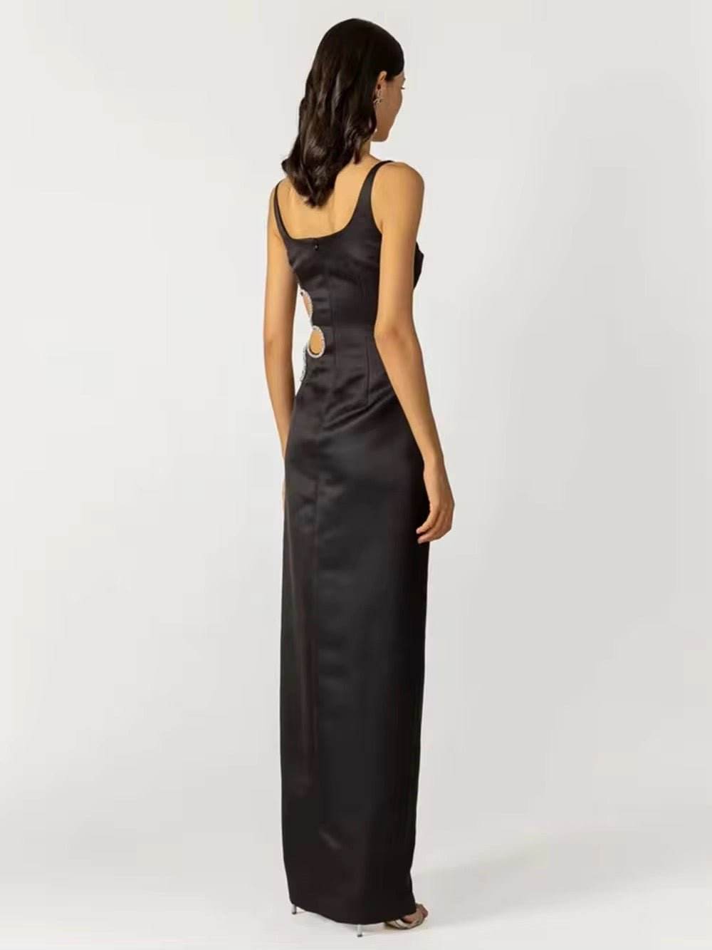 Rhinestone Cut Out Diamonds Black Long Maxi Bandage Dress - REBECATHELABEL