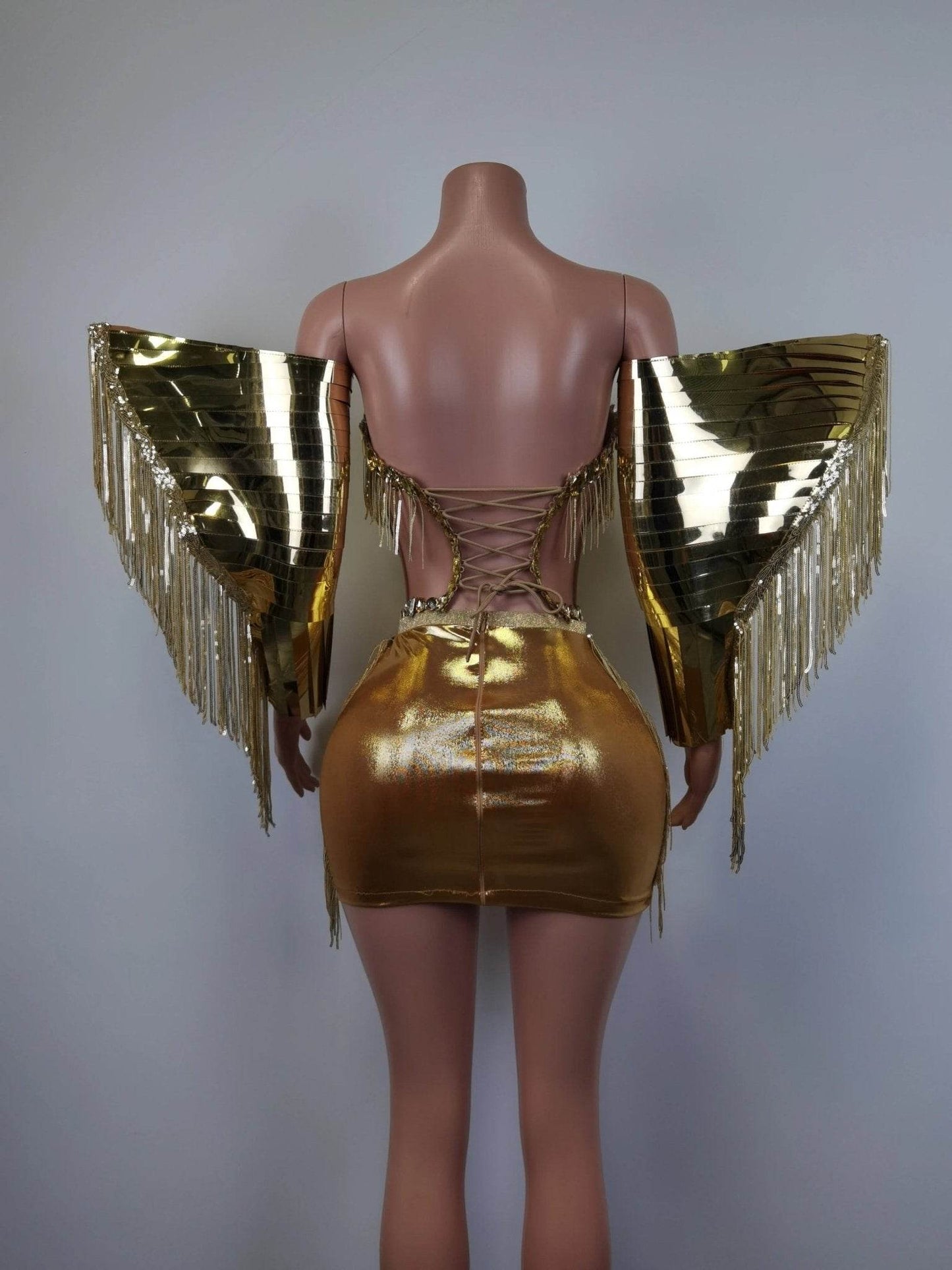 Rhinestone Fringe Metallic Mini Dress - REBECATHELABEL