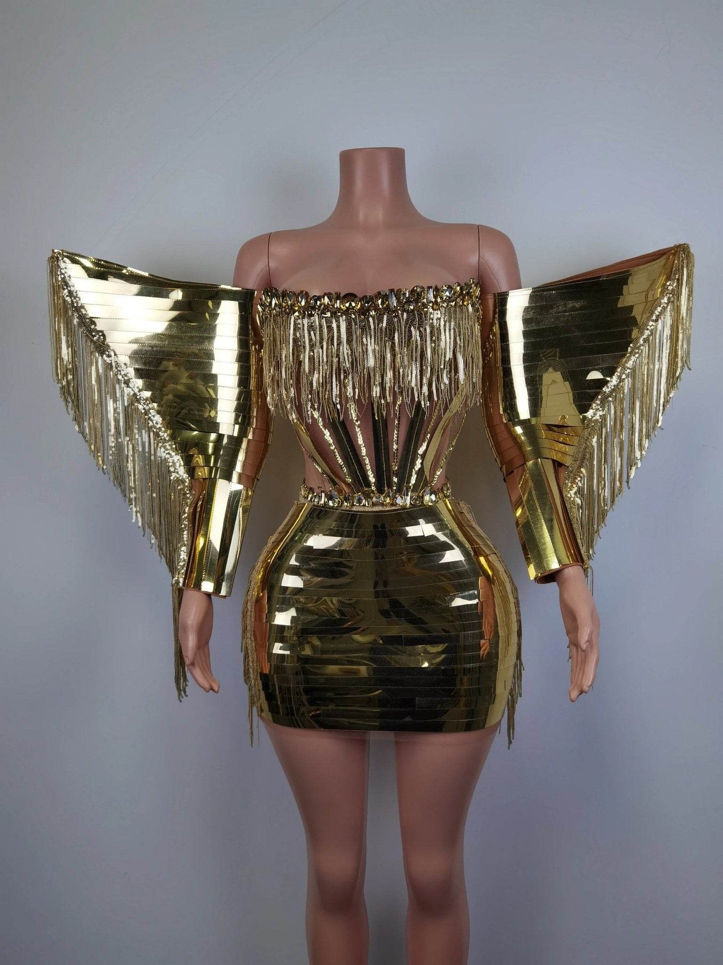 Rhinestone Fringe Metallic Mini Dress - REBECATHELABEL