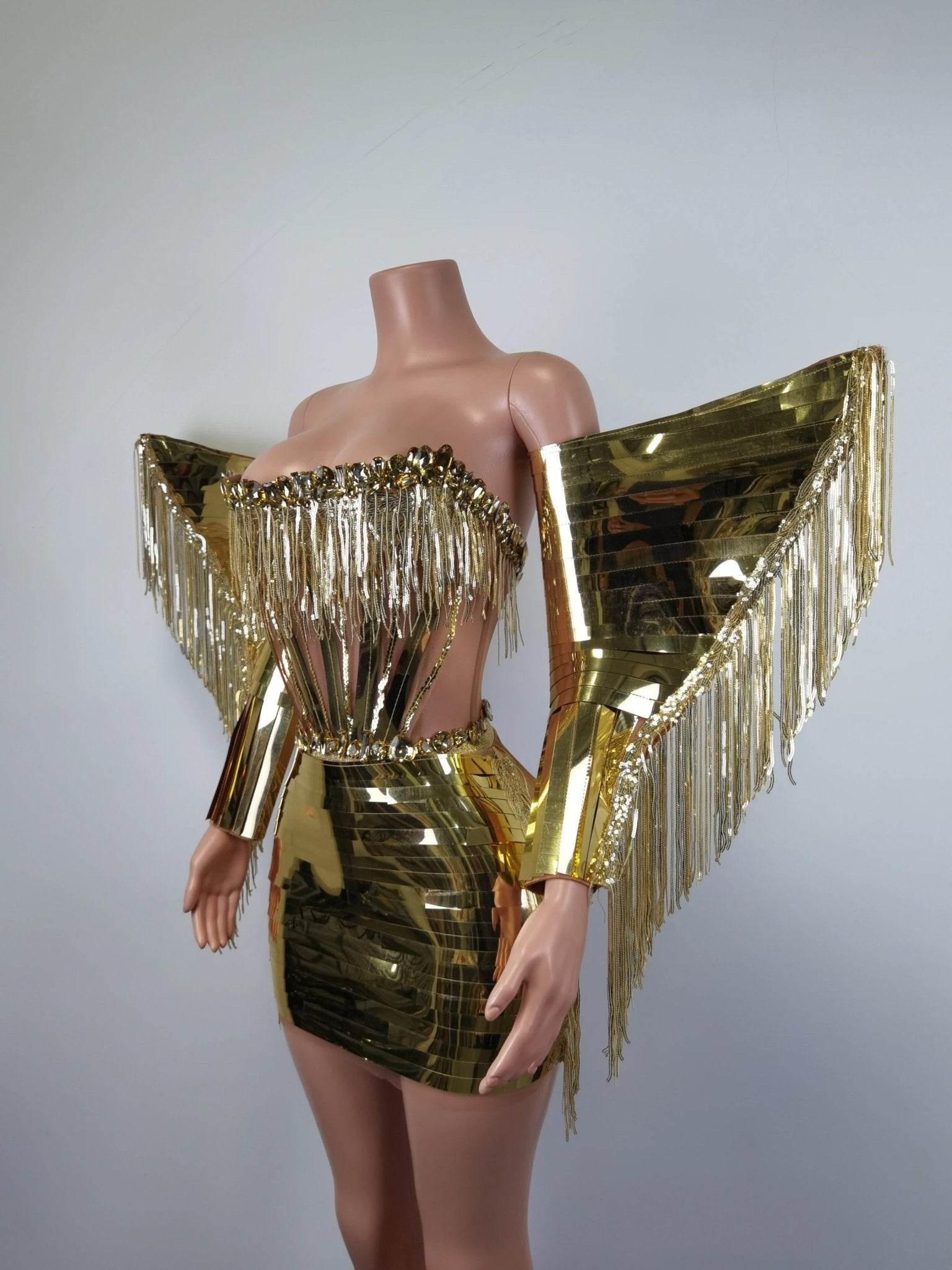 Rhinestone Fringe Metallic Mini Dress - REBECATHELABEL