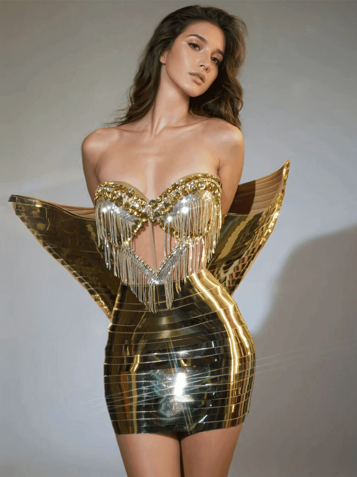 Rhinestone Fringe Metallic Mini Dress - REBECATHELABEL