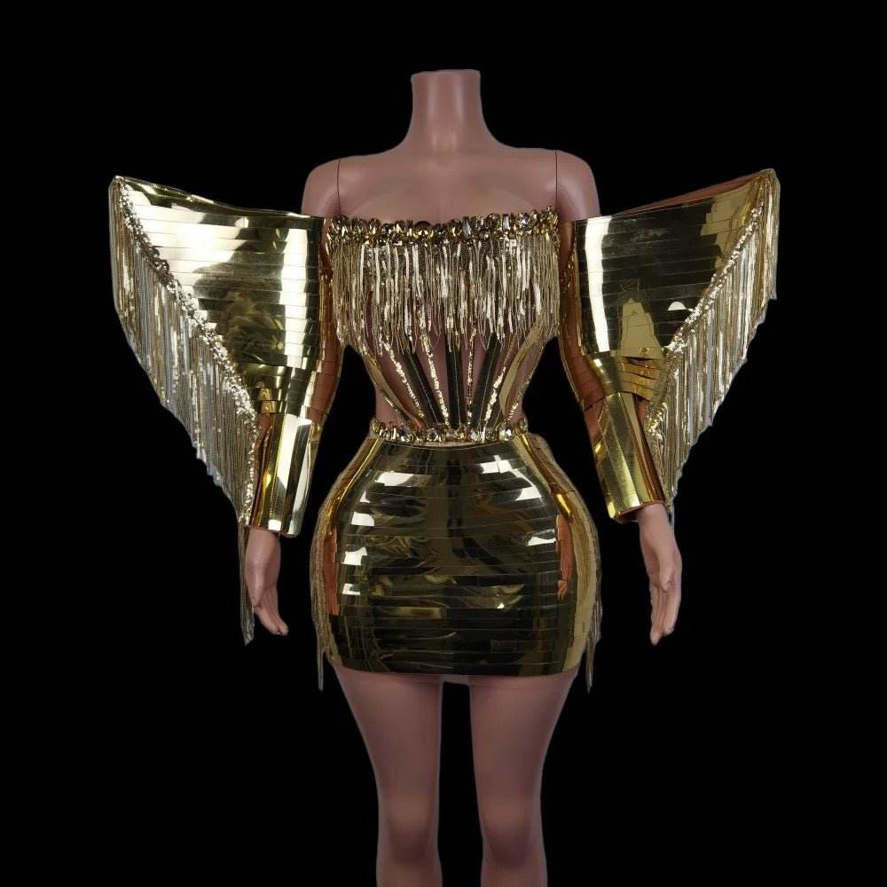 Rhinestone Fringe Metallic Mini Dress - REBECATHELABEL