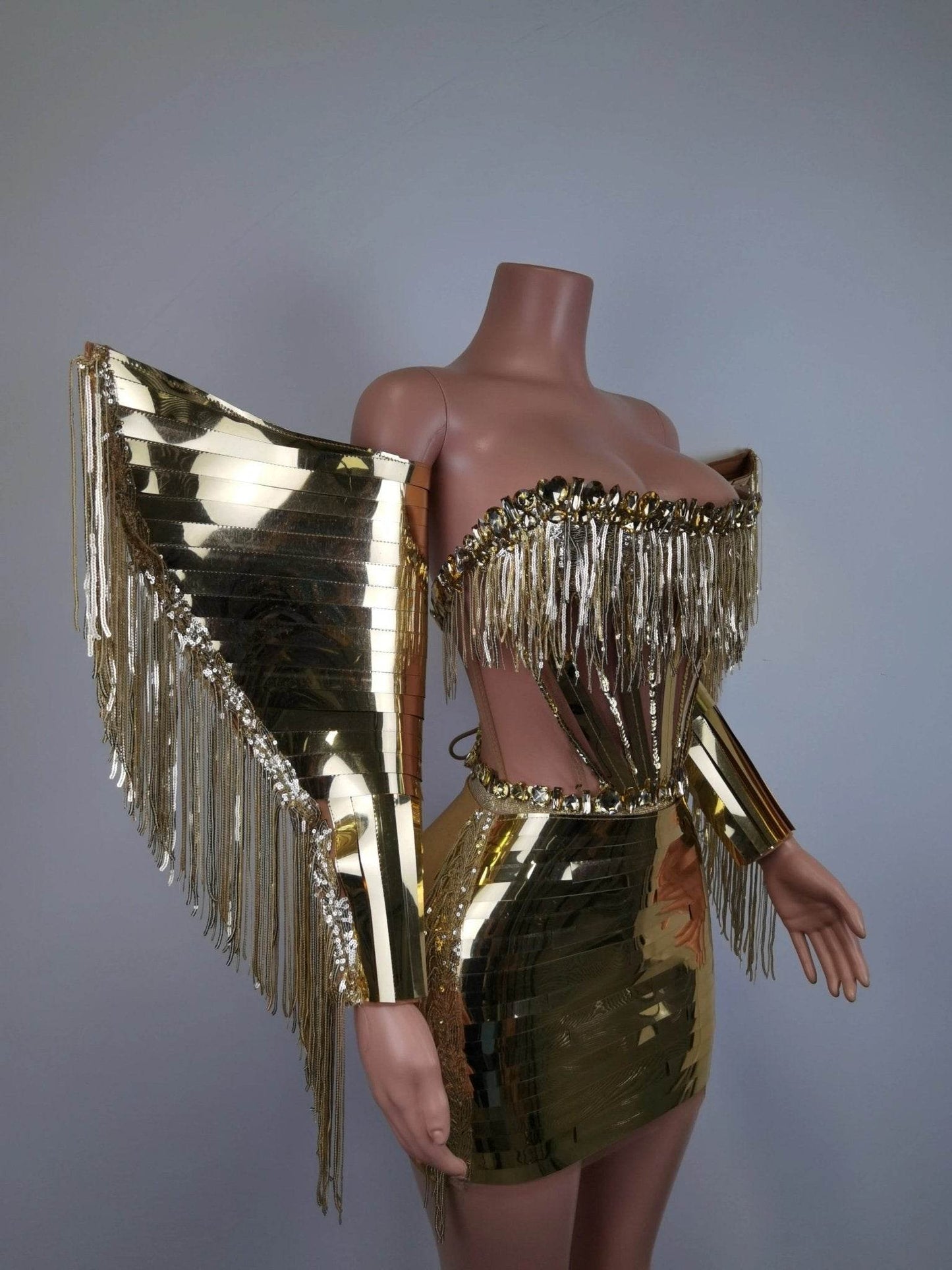 Rhinestone Fringe Metallic Mini Dress - REBECATHELABEL