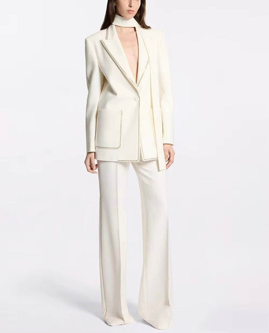 Rivet Suit Pants Set Women'S Scarf Single Button Blazer+Pants Two-Piece set - REBECATHELABEL