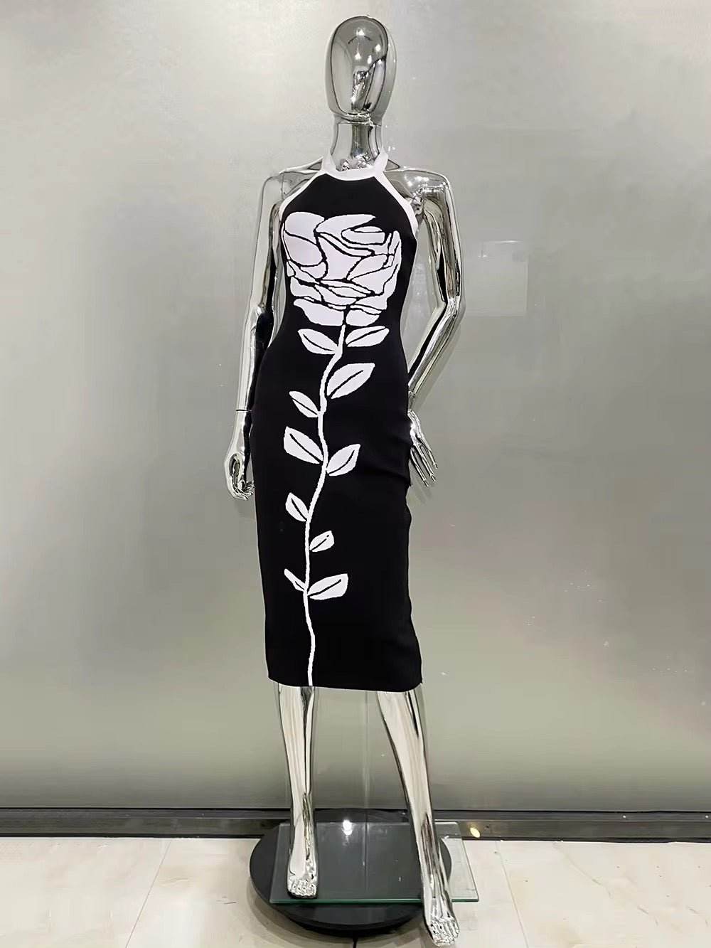 Rose Floral Sexy Halter Off Shoulder Backless dress - REBECATHELABEL