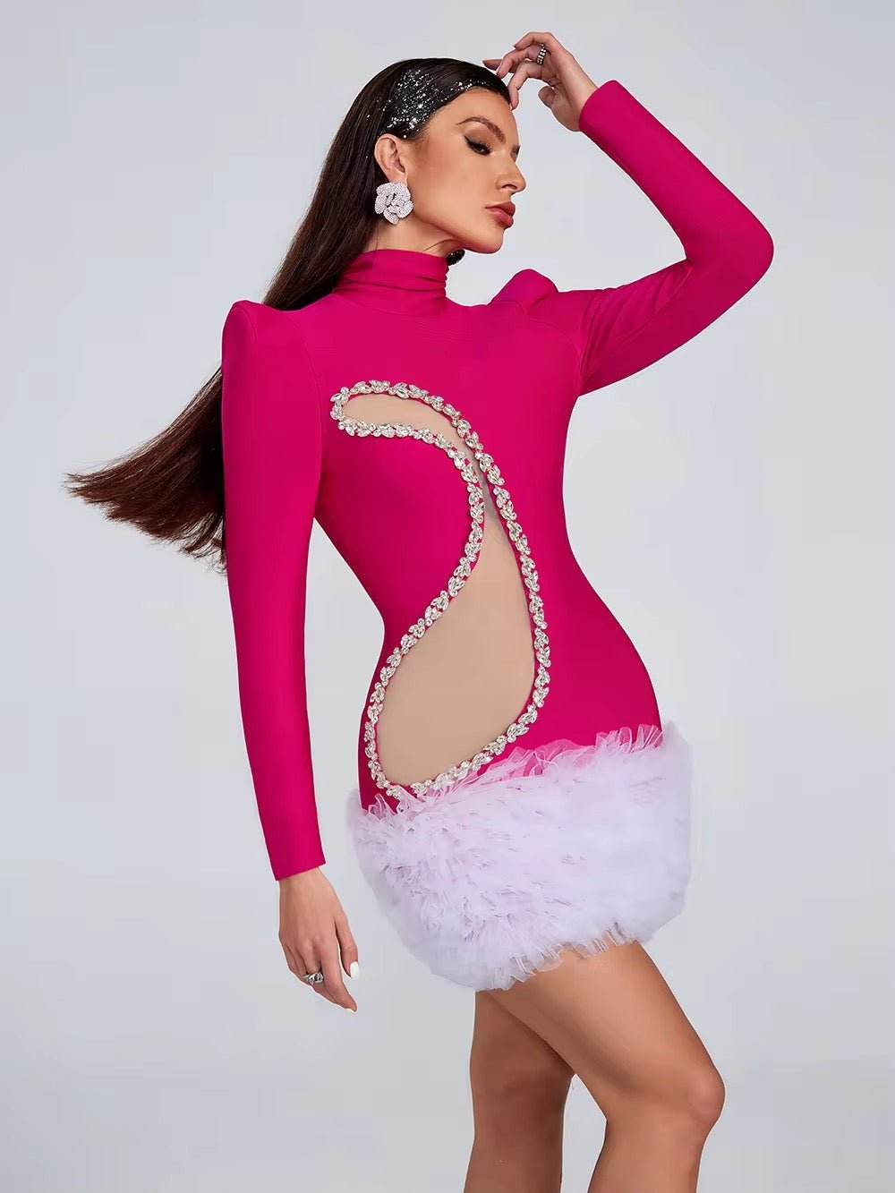 Rose Red Long Sleeve Turtleneck Diamond Mesh Hollow Sexy Mini dress - REBECATHELABEL