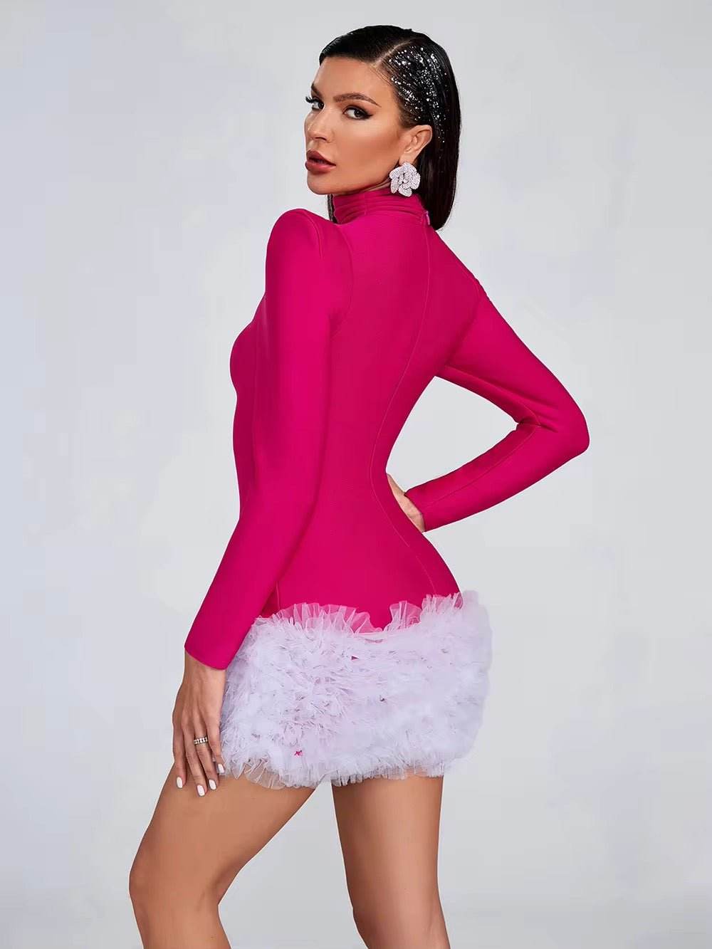 Rose Red Long Sleeve Turtleneck Diamond Mesh Hollow Sexy Mini dress - REBECATHELABEL