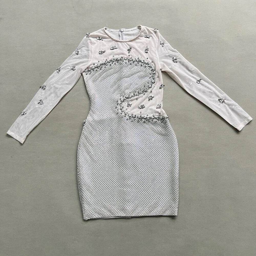 Round Neck Long sleeved Luxury Diamond Mesh Tight Mini Bandage Dress - REBECATHELABEL