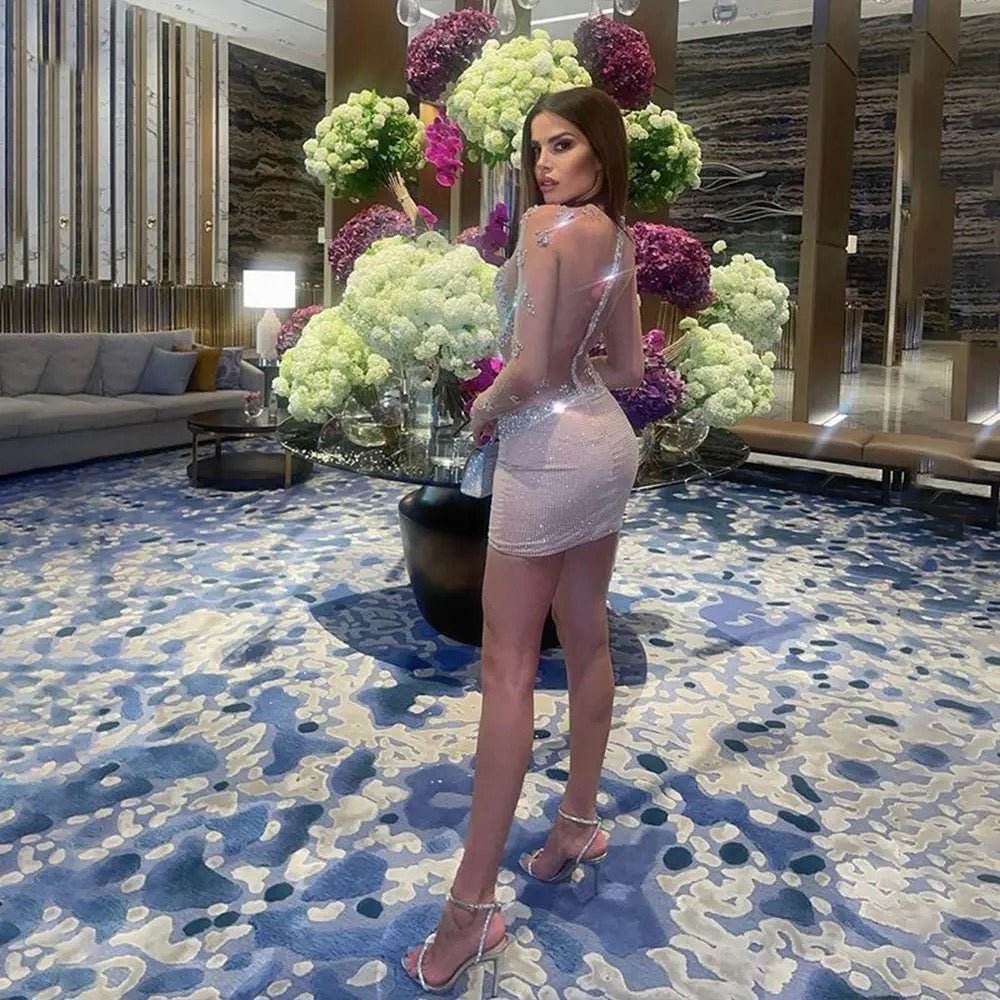 Round Neck Long sleeved Luxury Diamond Mesh Tight Mini Bandage Dress - REBECATHELABEL