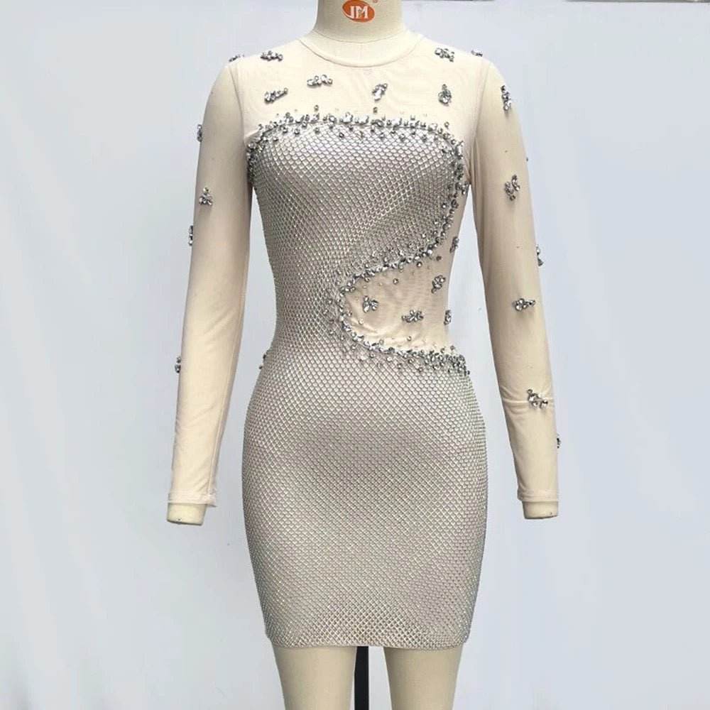 Round Neck Long sleeved Luxury Diamond Mesh Tight Mini Bandage Dress - REBECATHELABEL