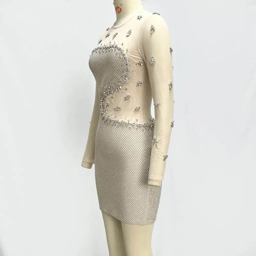 Round Neck Long sleeved Luxury Diamond Mesh Tight Mini Bandage Dress - REBECATHELABEL