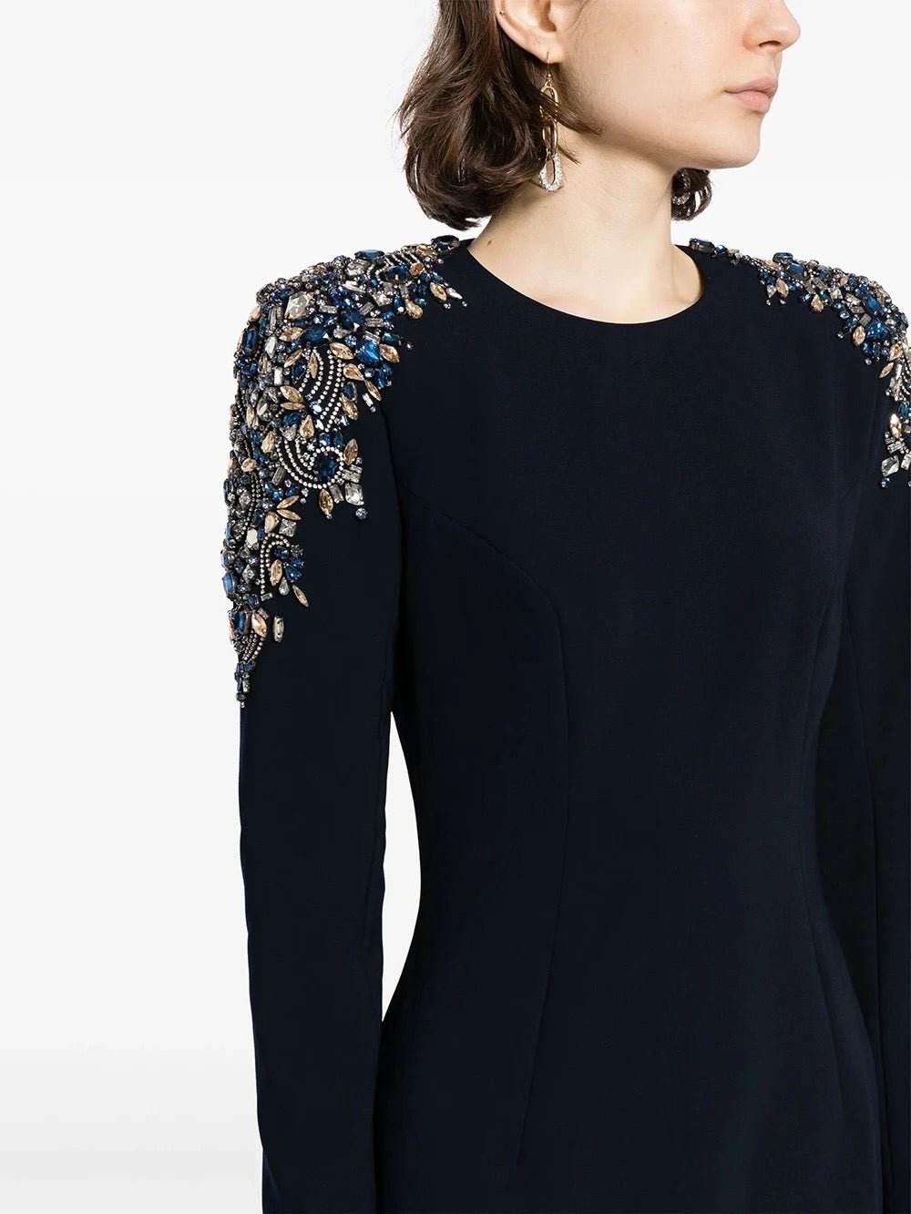 Round Neck Long sleeved Sexy Crystal Decoration Slim Fit Midi Dress - REBECATHELABEL