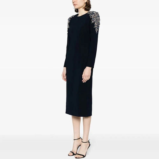 Round Neck Long sleeved Sexy Crystal Decoration Slim Fit Midi Dress - REBECATHELABEL