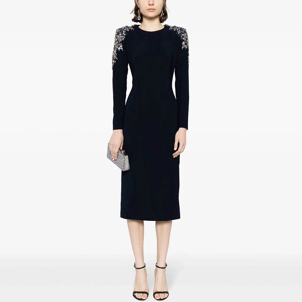 Round Neck Long sleeved Sexy Crystal Decoration Slim Fit Midi Dress - REBECATHELABEL