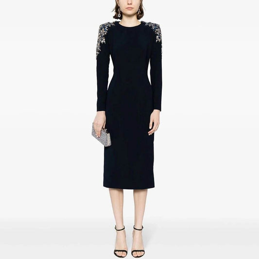 Round Neck Long sleeved Sexy Crystal Decoration Slim Fit Midi Dress - REBECATHELABEL