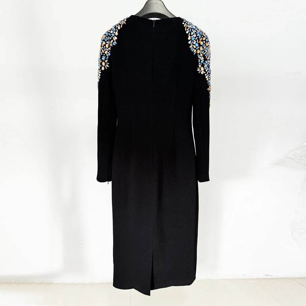 Round Neck Long sleeved Sexy Crystal Decoration Slim Fit Midi Dress - REBECATHELABEL