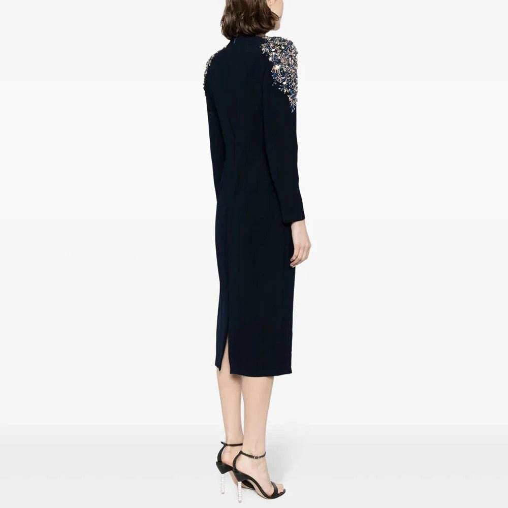 Round Neck Long sleeved Sexy Crystal Decoration Slim Fit Midi Dress - REBECATHELABEL