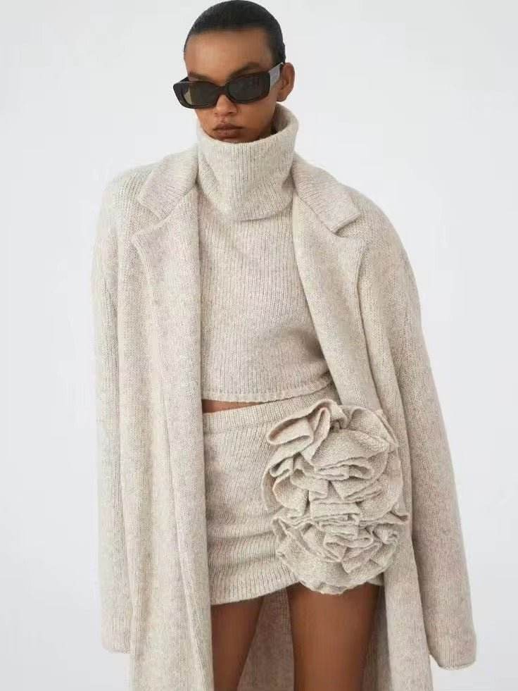 Ruched Flower Knitted Skirt Set - REBECATHELABEL