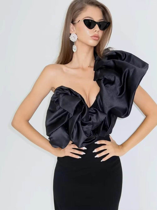 Ruffle Asymmetrical Collar One Shoulder Tight Bandage Maxi Dress - REBECATHELABEL