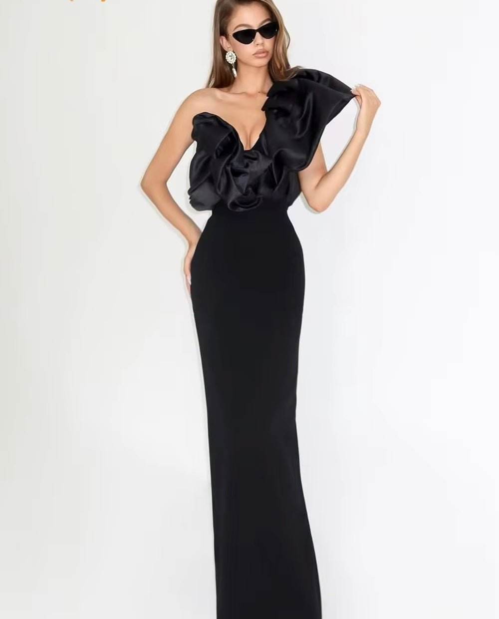 Ruffle Asymmetrical Collar One Shoulder Tight Bandage Maxi Dress - REBECATHELABEL