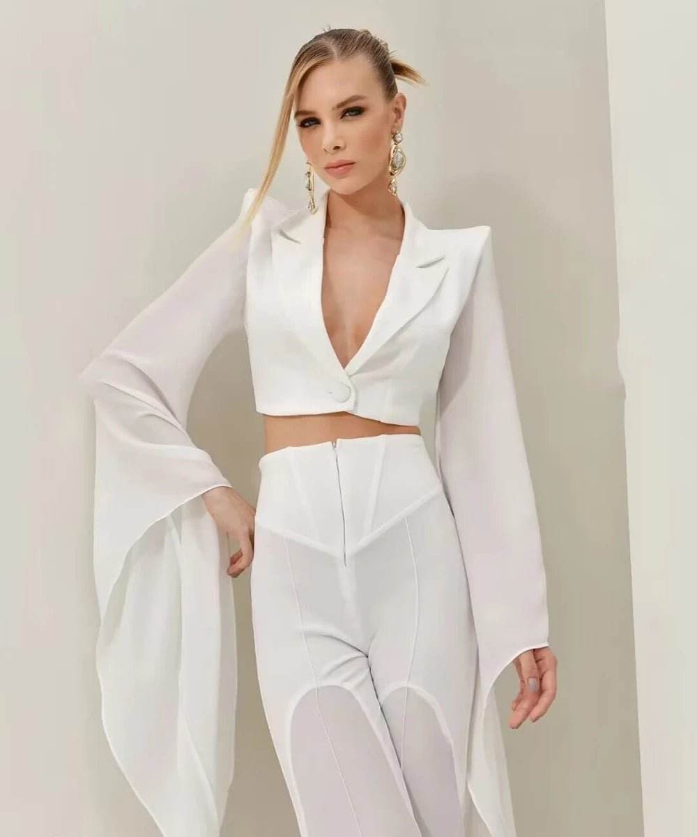 Ruffle Edge Flare Sleeves Short Top Flare Pants Suit - REBECATHELABEL
