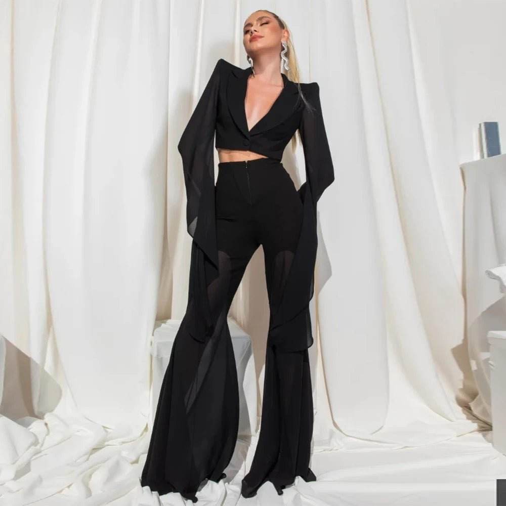 Ruffle Edge Flare Sleeves Short Top Flare Pants Suit - REBECATHELABEL