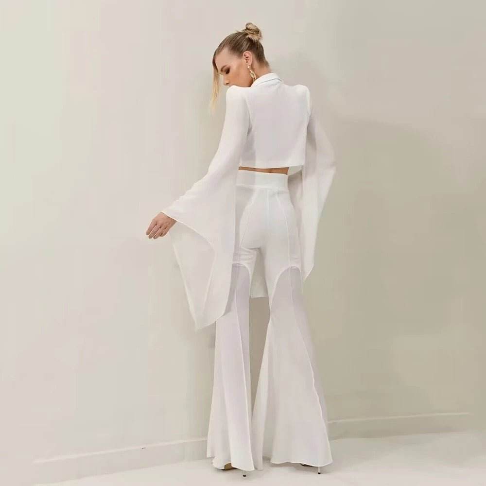 Ruffle Edge Flare Sleeves Short Top Flare Pants Suit - REBECATHELABEL