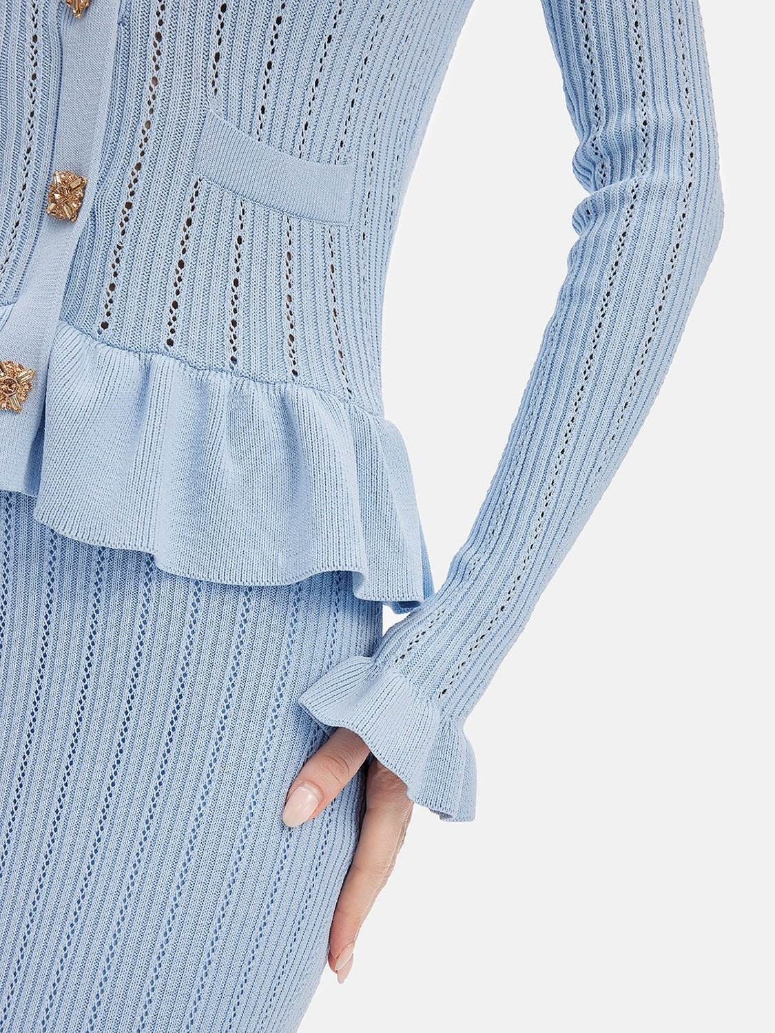 Ruffled V-Neck Top and Midi Skirt Sweater Set - REBECATHELABEL