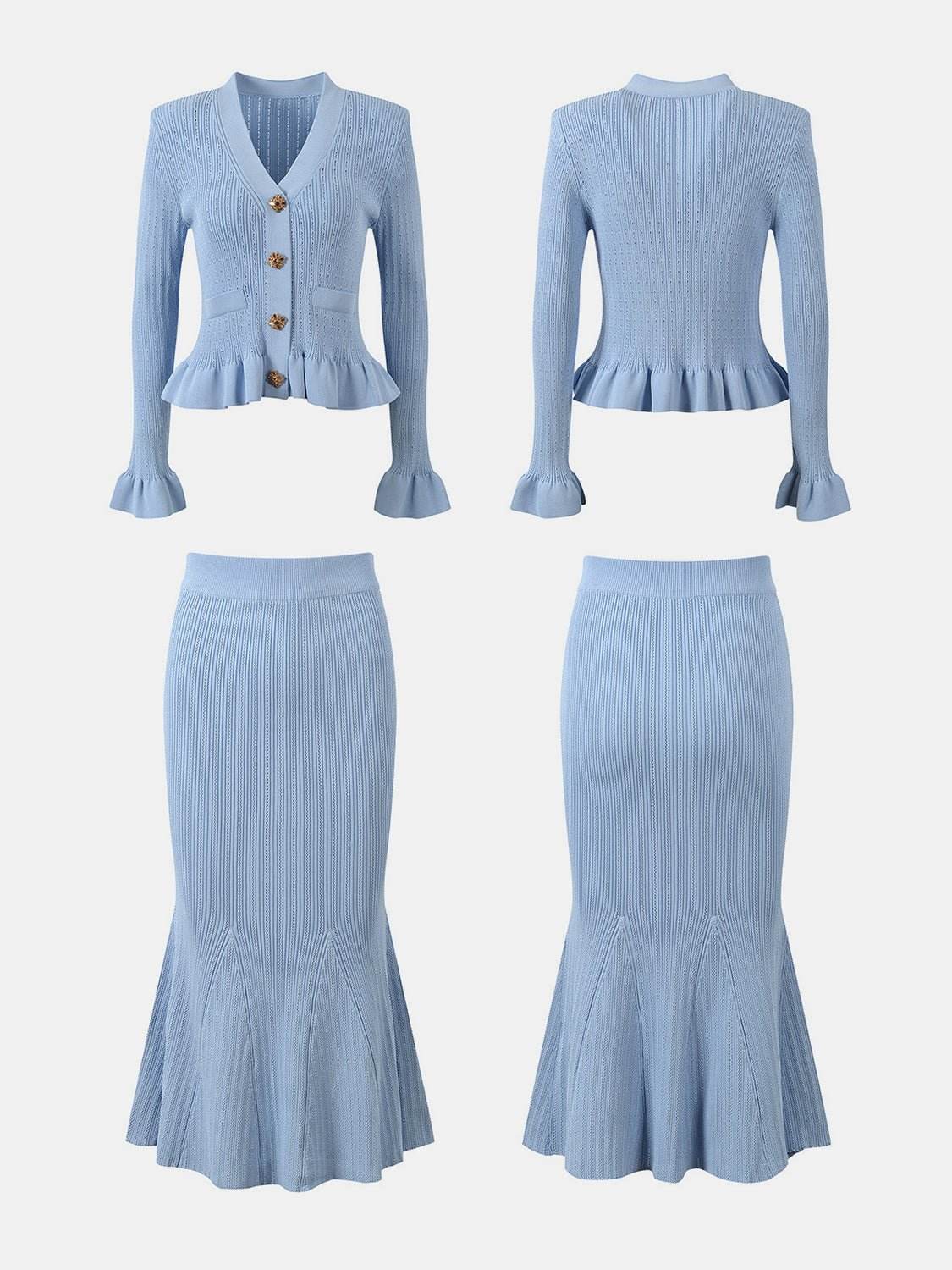 Ruffled V-Neck Top and Midi Skirt Sweater Set - REBECATHELABEL