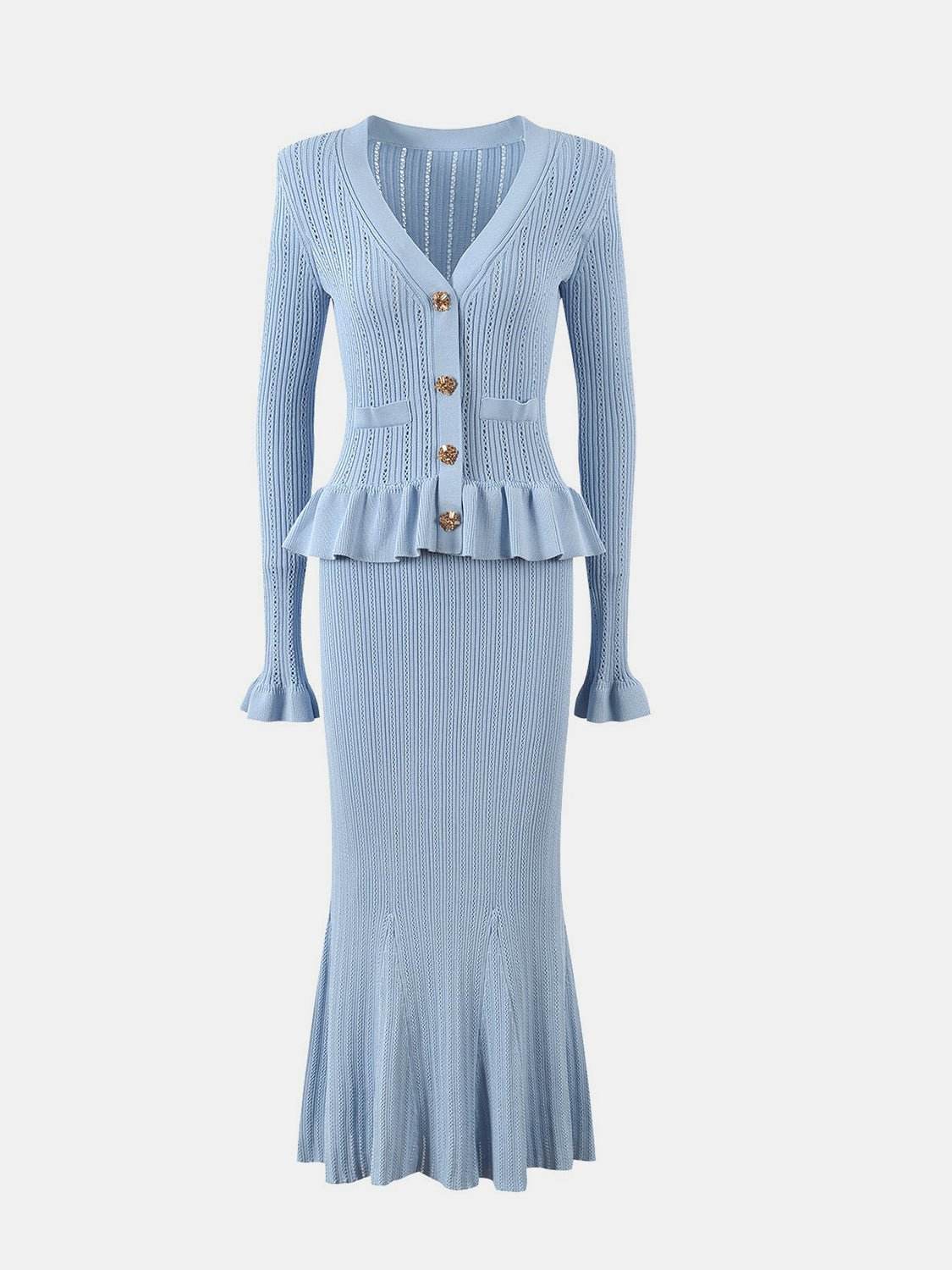 Ruffled V-Neck Top and Midi Skirt Sweater Set - REBECATHELABEL