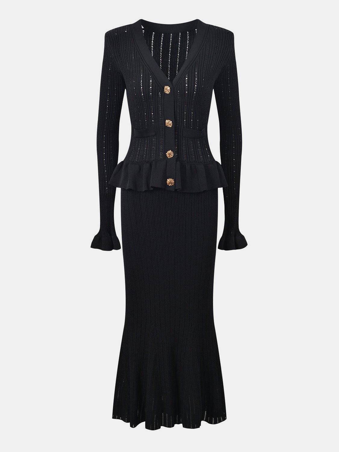 Ruffled V-Neck Top and Midi Skirt Sweater Set - REBECATHELABEL