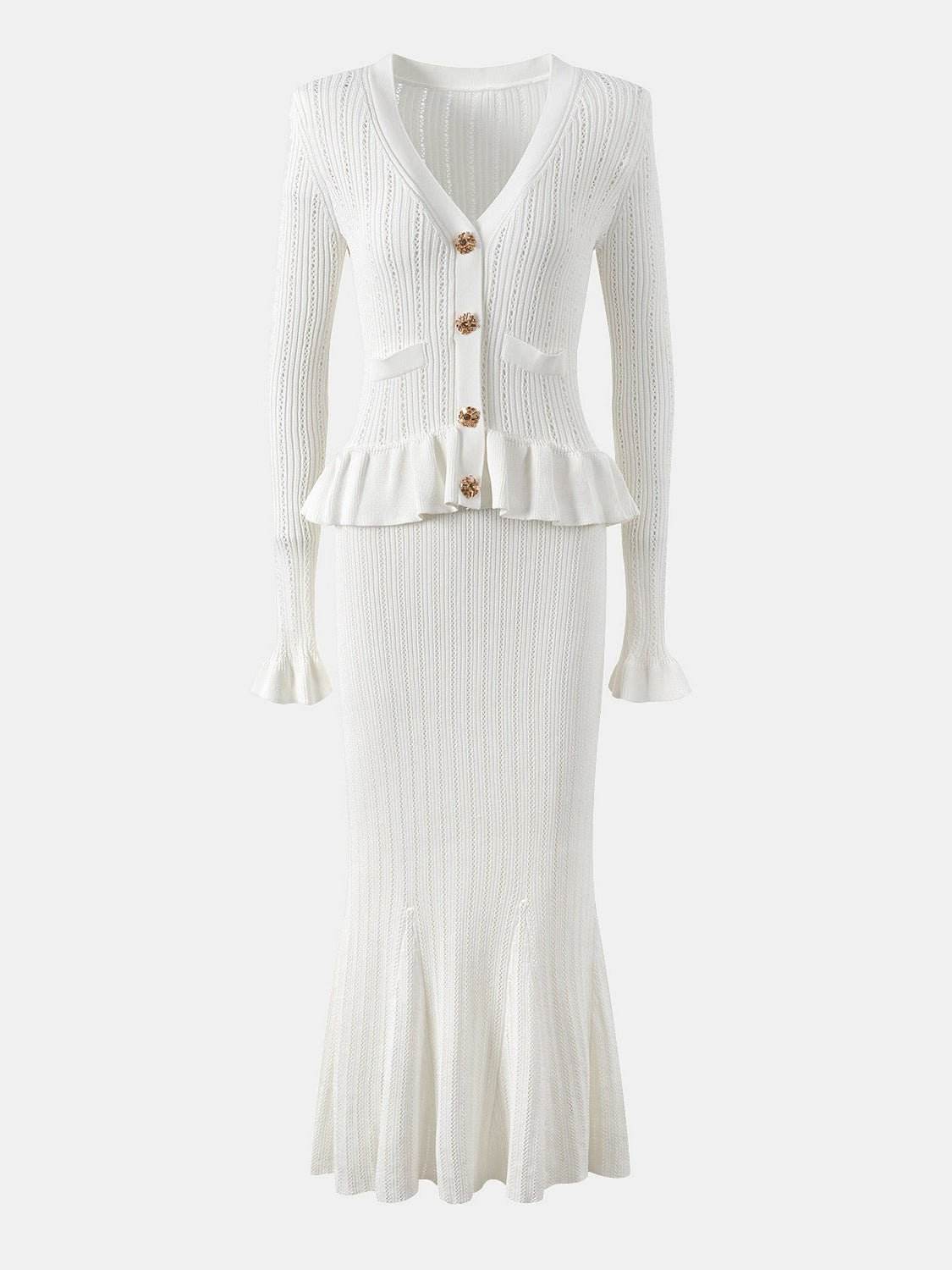 Ruffled V-Neck Top and Midi Skirt Sweater Set - REBECATHELABEL