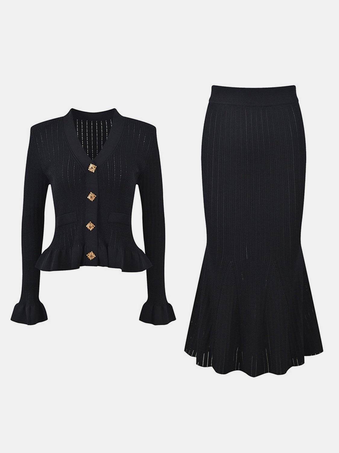 Ruffled V-Neck Top and Midi Skirt Sweater Set - REBECATHELABEL