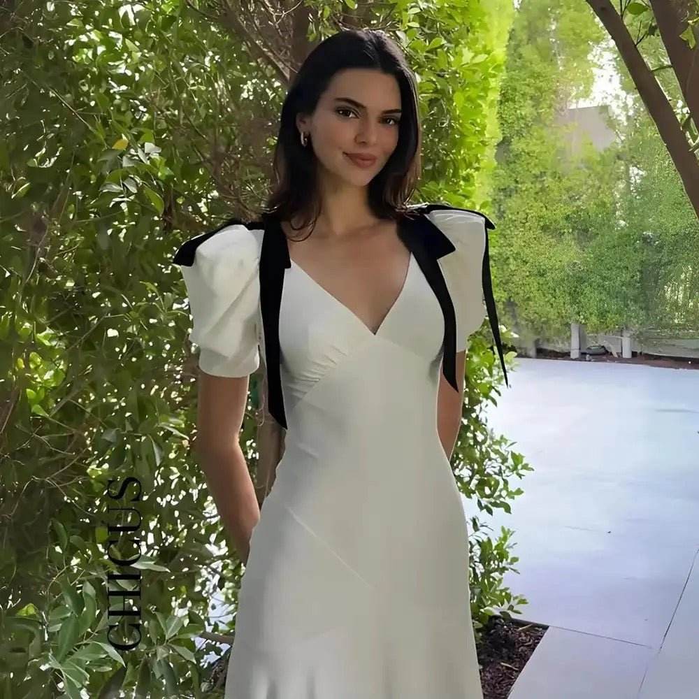 Satin Bow Short Sleeved V-Neck Sexy Long Dress - REBECATHELABEL