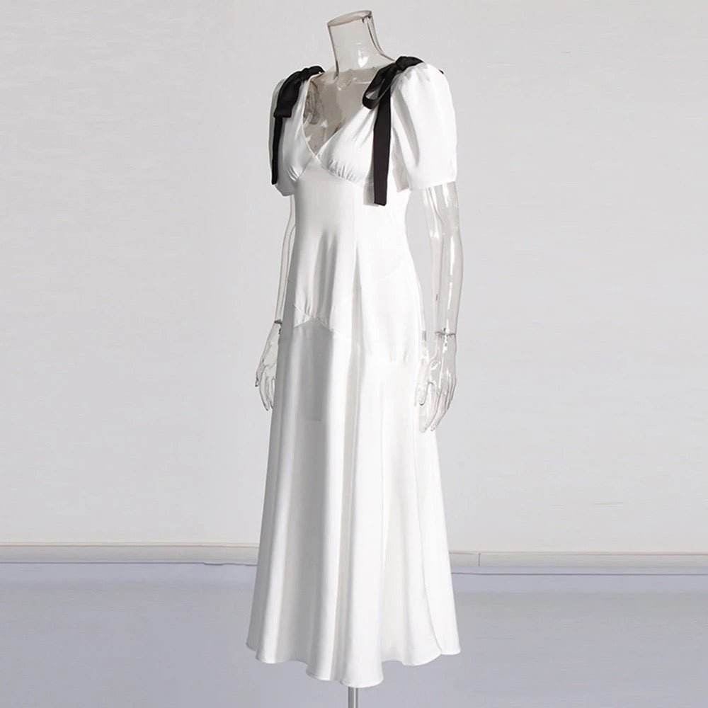 Satin Bow Short Sleeved V-Neck Sexy Long Dress - REBECATHELABEL